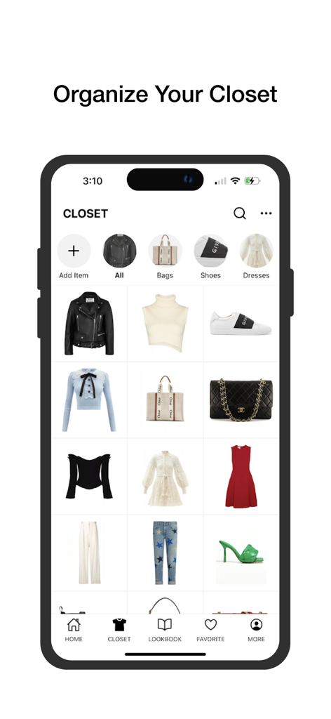 Smart Closet app interface showing a digital clothing collection organized by categories like bags, shoes, and dresses