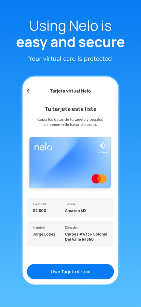 Nelo app interface showing a protected virtual Mastercard for secure online shopping at Amazon Mexico