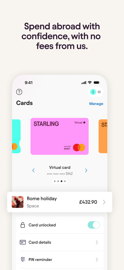 Starling Bank mobile app interface showing a virtual card and a Rome holiday savings space with no fees for overseas spending.