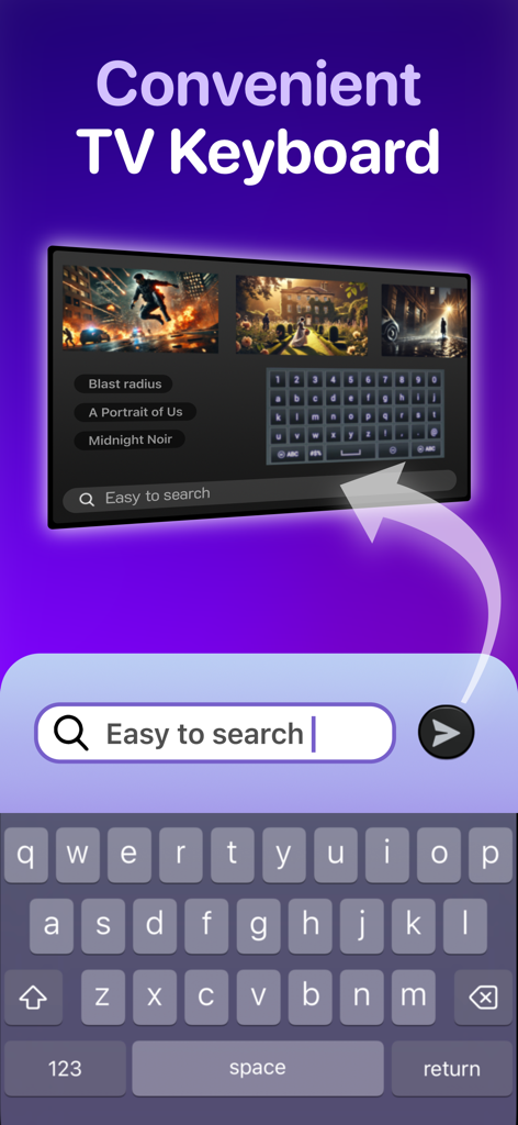 TV Remote Control “Universo” - Teclado do iPhone usado para pesquisar conteúdo num ecrã de TV inteligente