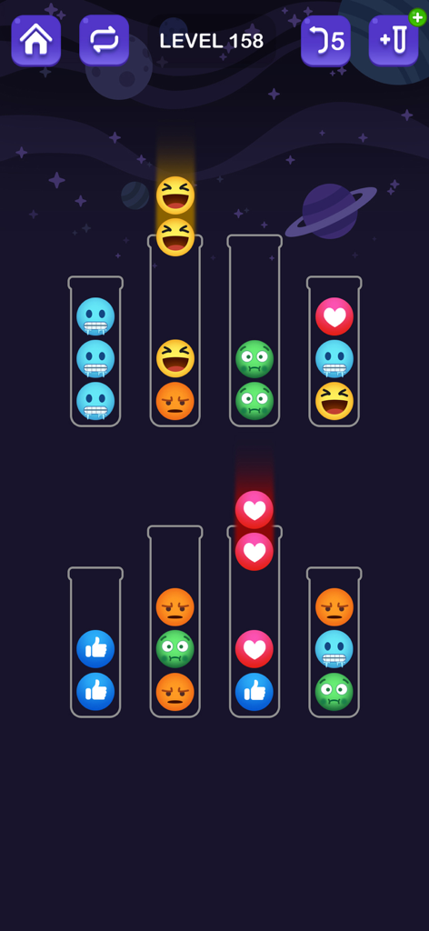 Emoji ball sorting gameplay in Ball Sort Color Puzzle Master showing different tube heights and a space background