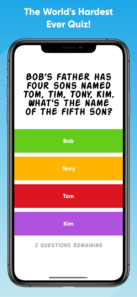 Impossible Quiz - Hard Test - Screenshot of Impossible Quiz Hard Test app showing a logic riddle about naming the fifth son with multiple choice answers.