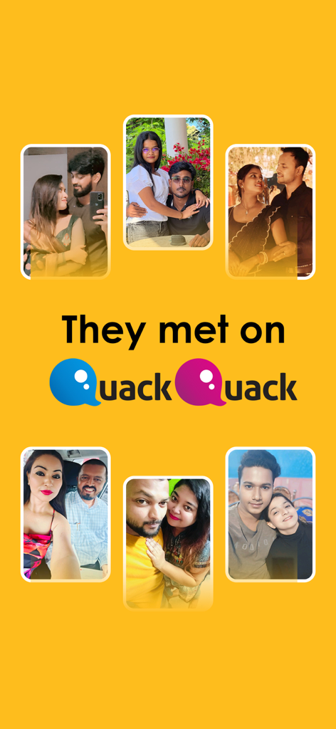 QuackQuack Date. Friends. Chat - 黄色の背景に、QuackQuackデーティングアプリを通じて出会った幸せなカップルの写真集。