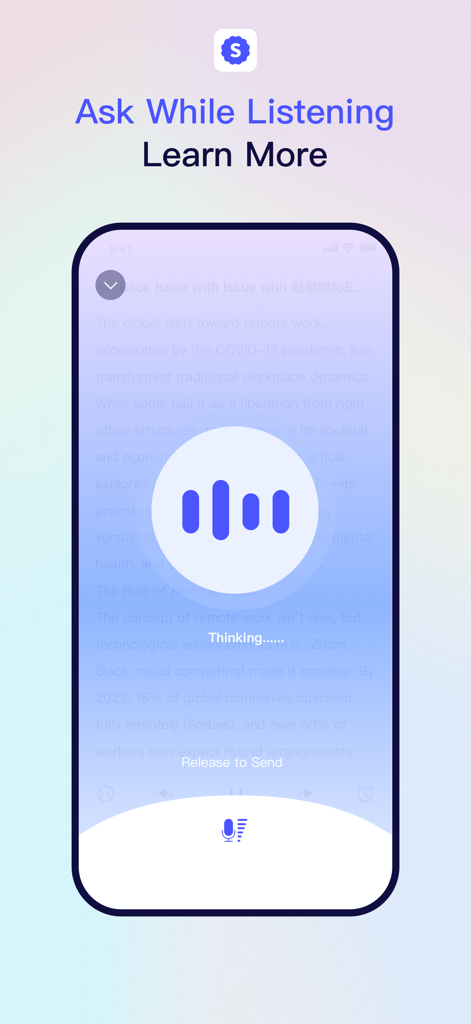 iSpeech — Hear More. Know More - Interface móvel do aplicativo iSpeech mostrando o recurso Perguntar Enquanto Ouve com um visualizador de voz e ícone de microfone