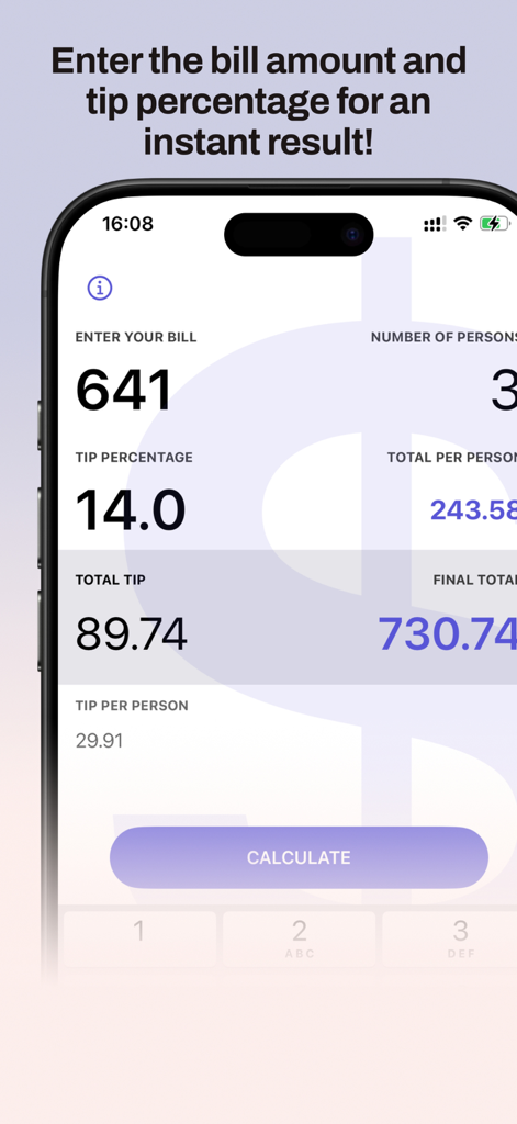Mobile interface of Tipio app showing a calculated bill with tip and split cost per person.