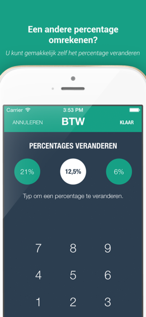 BTW berekenen app - BTW - Interface of the VAT calculator app for changing tax percentages