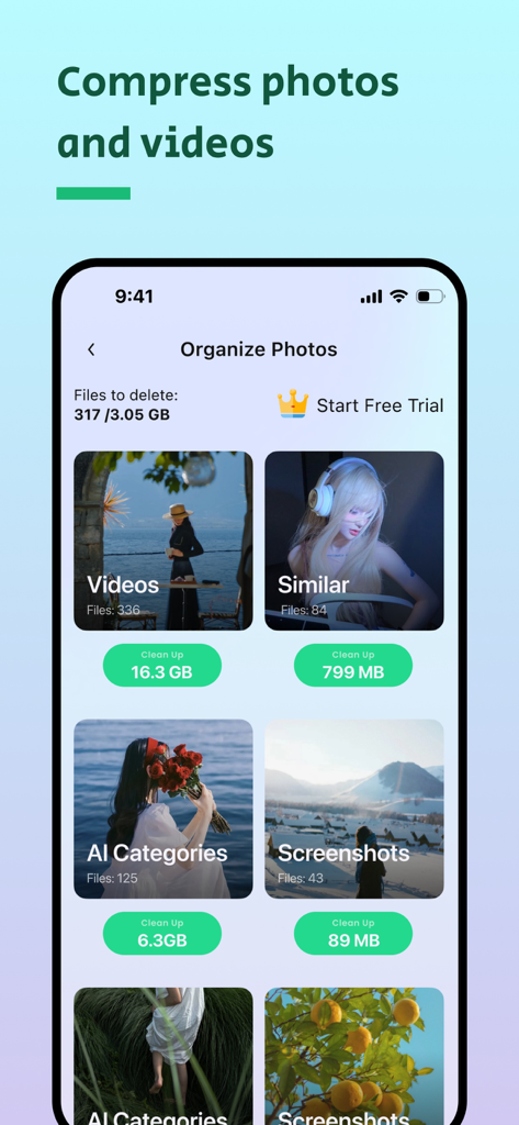 Interfaz de la aplicación AI Cleaner mostrando opciones para organizar y eliminar videos, fotos similares y capturas de pantalla para liberar espacio en el iPhone.