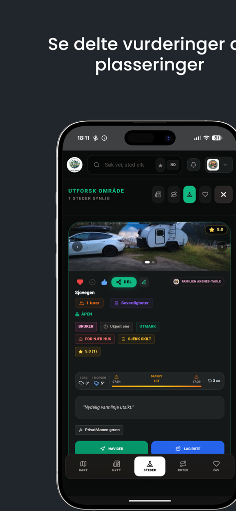 Fricamp - Smartphone screenshot of the Fricamp app showing detailed information and ratings for a wild camping site in Norway.