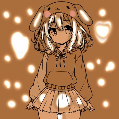 pretty anime girl wearing a fluffy hoodie with bunny ears on the hood and a skirt