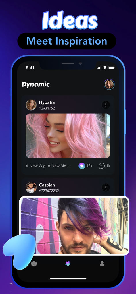 Bliss: Video, Live, Call - Pantalla móvil mostrando ideas de transformación de cabello y publicaciones sociales de usuarios con pelucas coloridas