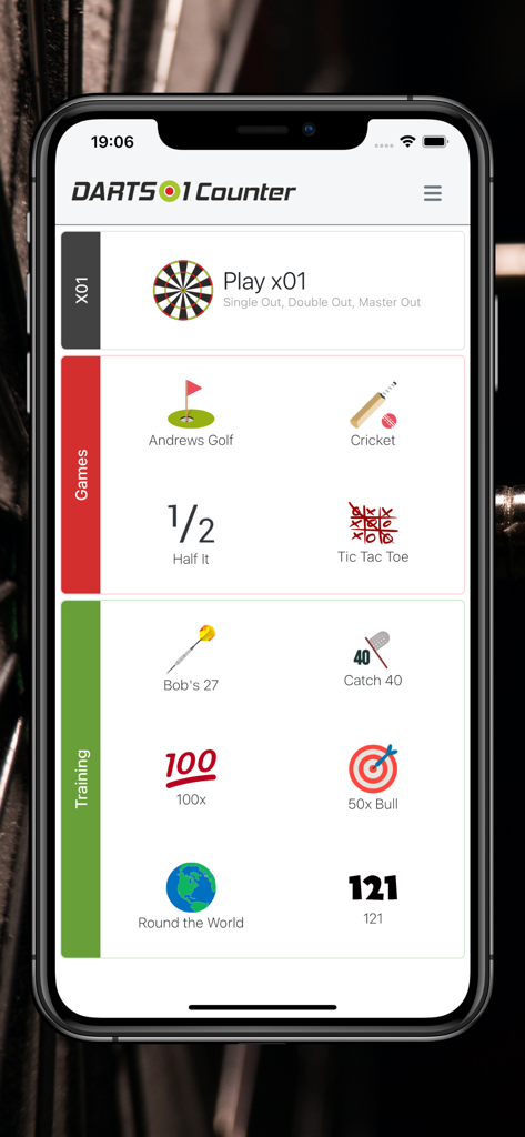 Darts1 Counter App Hauptmenü mit Spielmodi und Trainingsoptionen