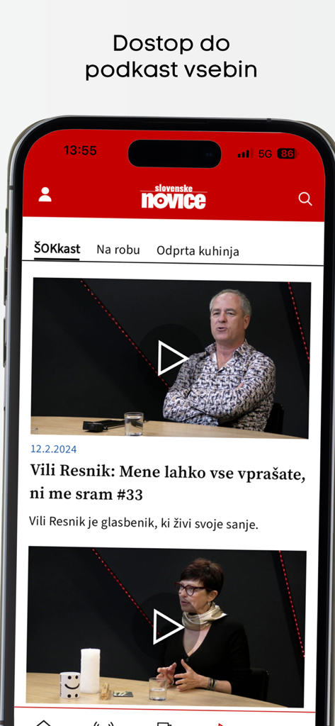 Slovenske novice - Interfaccia del podcast dell'app mobile Slovenske novice che mostra interviste video dalla sezione Sokkast.