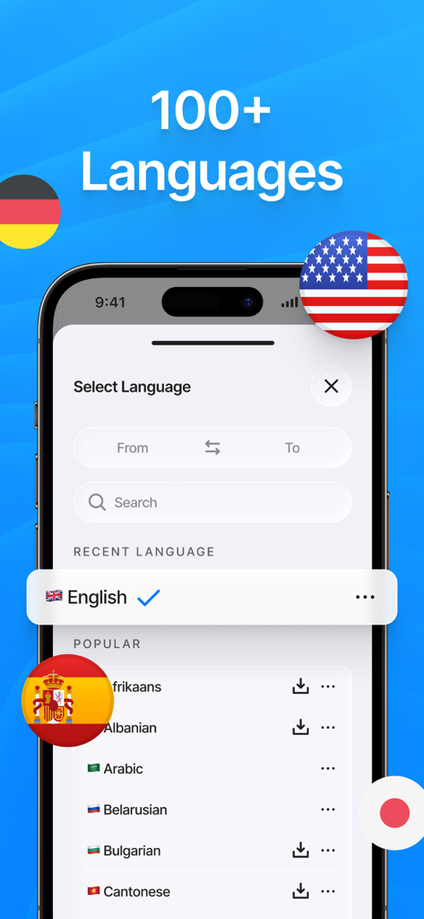 Interfaccia dell'app Traduttore AI che mostra un elenco di oltre 100 lingue disponibili per la traduzione.