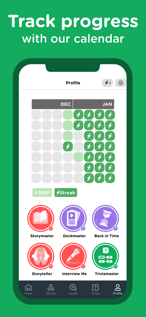 Seedlang app profile screen showing a learning progress calendar and achievement badges.
