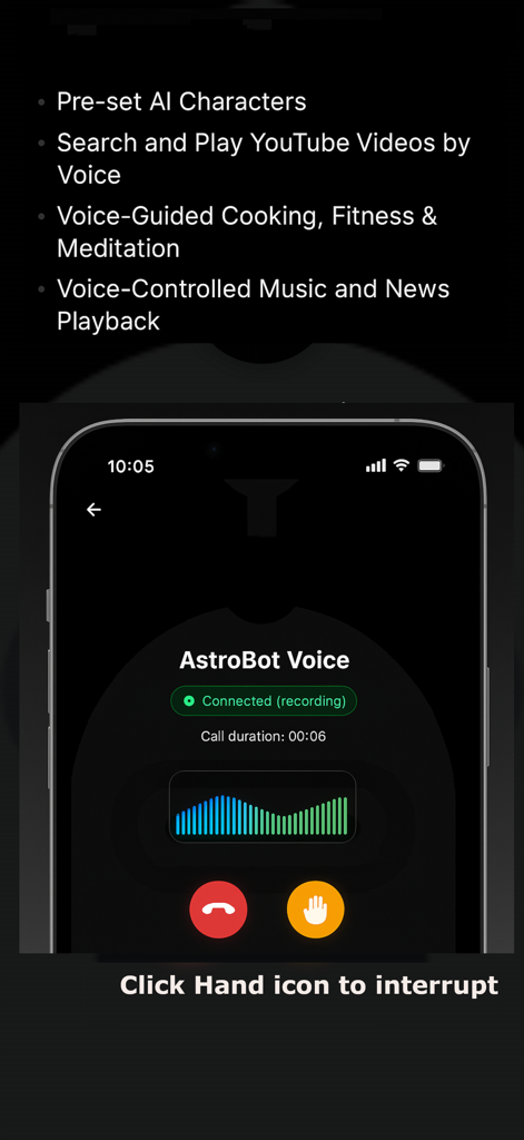 AI-AstroBot - Interface de chat de voz do AI-AstroBot mostrando recursos controlados por voz para culinária e meditação
