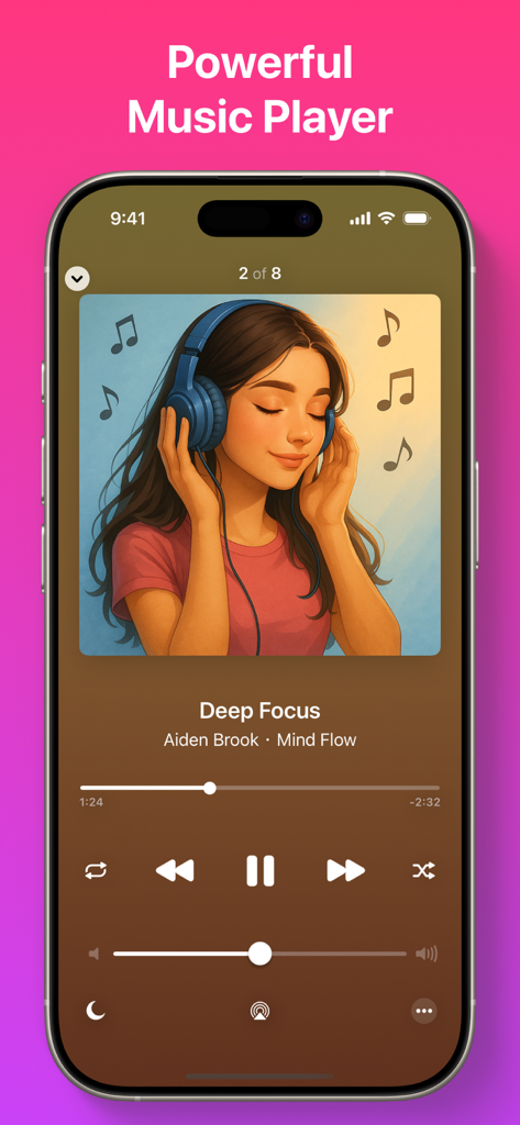 Offline Music Player - Mix - Interface do Leitor de Música Offline Mix a mostrar uma tela de reprodução de música com arte do álbum e controlos de reprodução