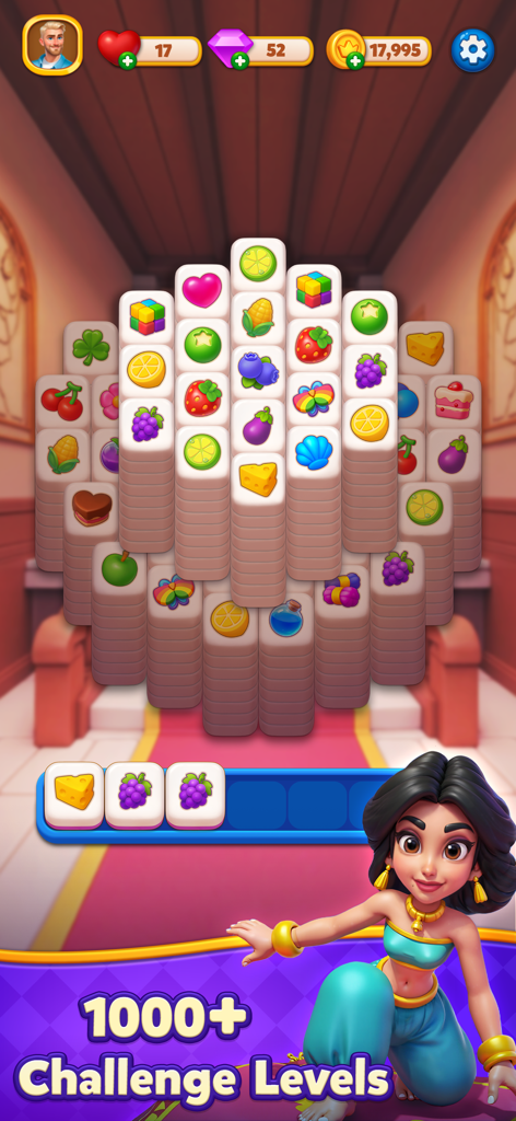 Merge Tile: Match & Merge - A colorful tile matching puzzle game screen with a character illustration and challenge levels