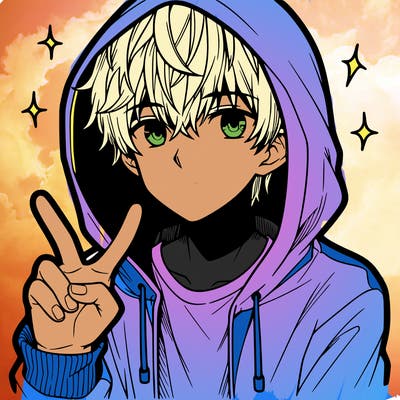teenage manga boy in a hoodie, doing ✌