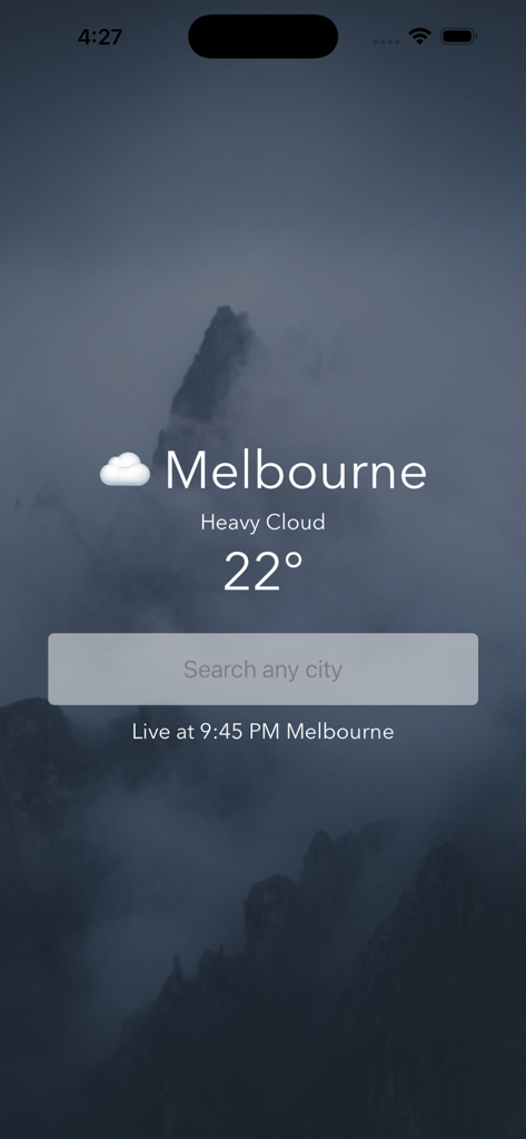 Global-Weather - Global Weather 앱 화면에 멜버른의 흐린 날씨와 22도 표시