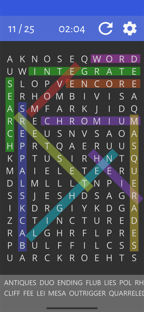 Word search grid with several words highlighted in different colors and a dark background.