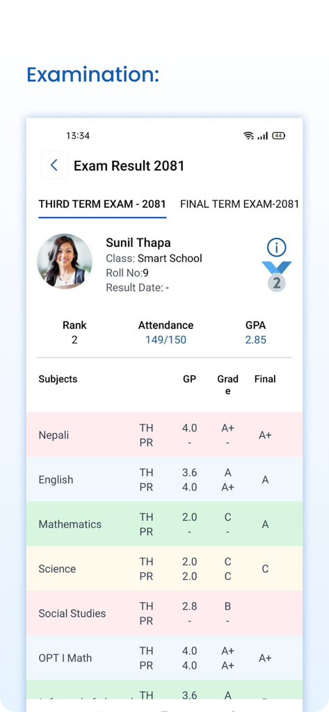 Smart School Nepal - Pantalla de la aplicación móvil que muestra los resultados de los exámenes de los estudiantes, incluido el rango de GPA y las calificaciones por materia para Smart School Nepal.