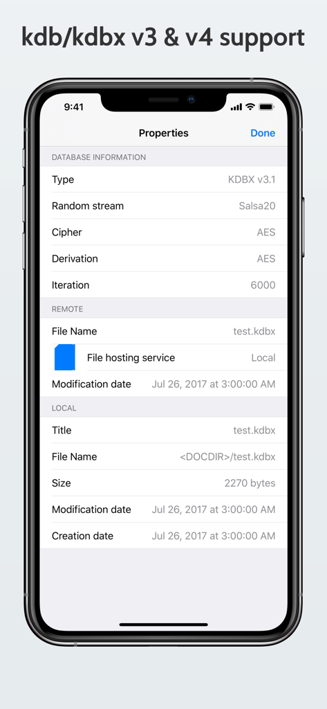 App KyPass che mostra le proprietà tecniche del database KeePass, inclusa la versione KDBX e la crittografia AES