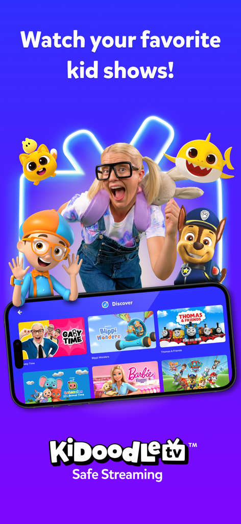 Kidoodle.TV - Safe Streaming™ - A smartphone displaying the Kidoodle TV app interface with popular children shows and characters like PAW Patrol and Blippi