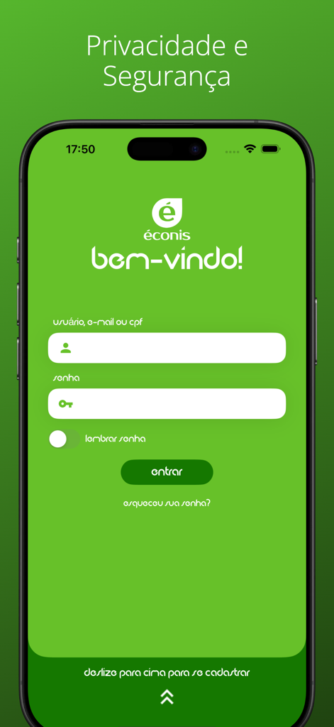 Éconis - Econis app welcome and login screen with username and password entry fields.