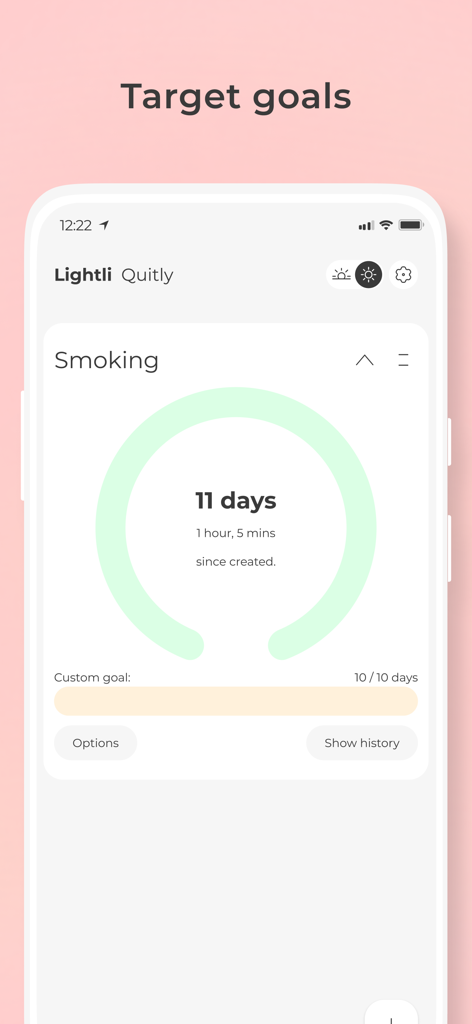 Quitly app interface showing a smoking sobriety timer and completed target goal.
