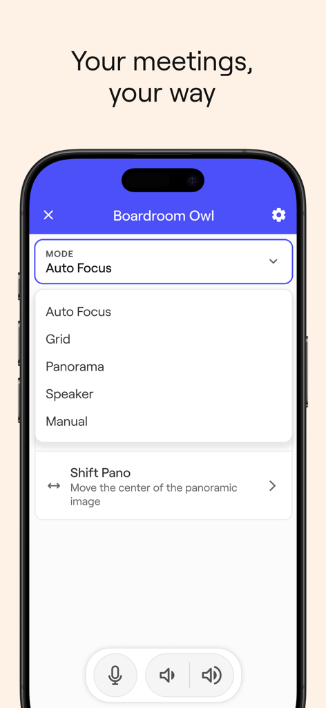 A smartphone displaying the Meeting Owl app interface with a dropdown menu showing camera modes like Auto Focus, Grid, and Panorama for boardroom meetings.