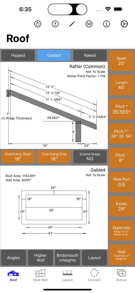 RoofCalc 앱의 구배 및 길이 측정값이 포함된 일반 서까래의 기술 도면