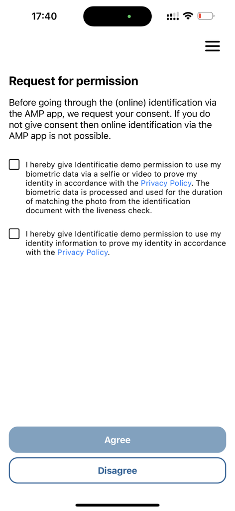 Écran de demande d'autorisation pour le traitement des données biométriques et d'identité dans l'application d'identification AMP Group