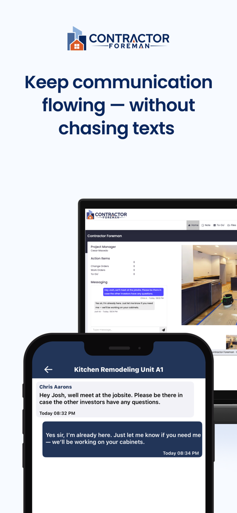 Écrans de smartphone et de tablette affichant le chat de communication de l'application Contractor Foreman pour un projet de rénovation