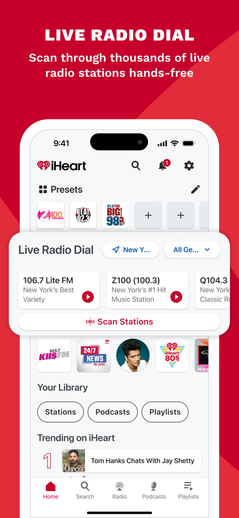 The iHeartRadio app interface displaying the Live Radio Dial feature for scanning local FM radio stations