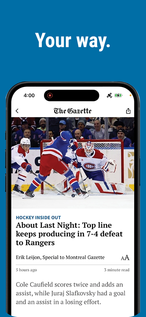 App mobile Montreal Gazette che mostra un articolo di notizie sull'hockey sui Montreal Canadiens e i New York Rangers