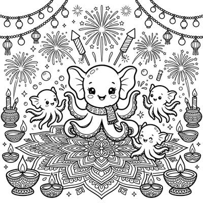 Dive into the festive spirit with this enchanting coloring page featuring adorable Dumbo Octopuses celebrating Diwali. They are surrounded by traditional decorations like rangoli patterns, diyas, and dazzling fireworks, perfect for sparking creativity.