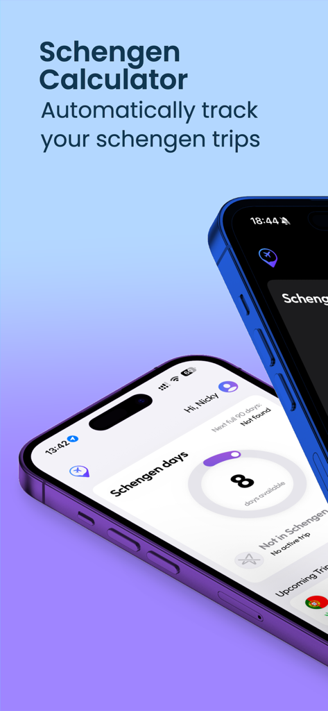 Mobile app interface for Schengen Calculator showing available days and automated trip tracking.