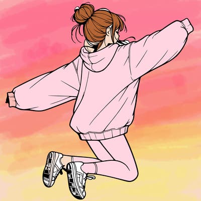 realistic girl jumping with a bun and oversized sweatshirt