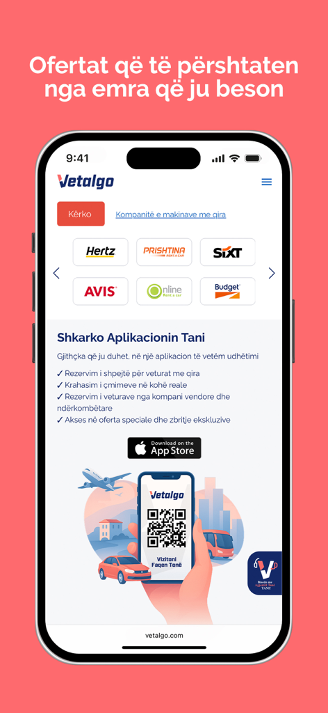 Vetalgo: Vetura Bileta Hotele - Pantalla de iPhone mostrando la aplicación de viajes Vetalgo con logotipos de socios de alquiler de coches y una llamada a la acción de descarga en albanés.