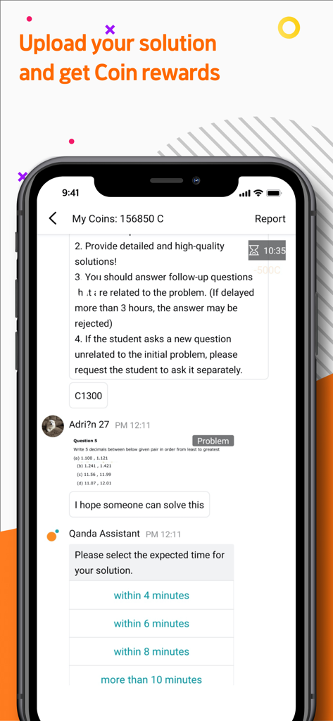 Qanda Teacher : Solve and earn - Interface of the Qanda Teacher app showing a student's math question and time estimation options for a tutor to earn rewards.