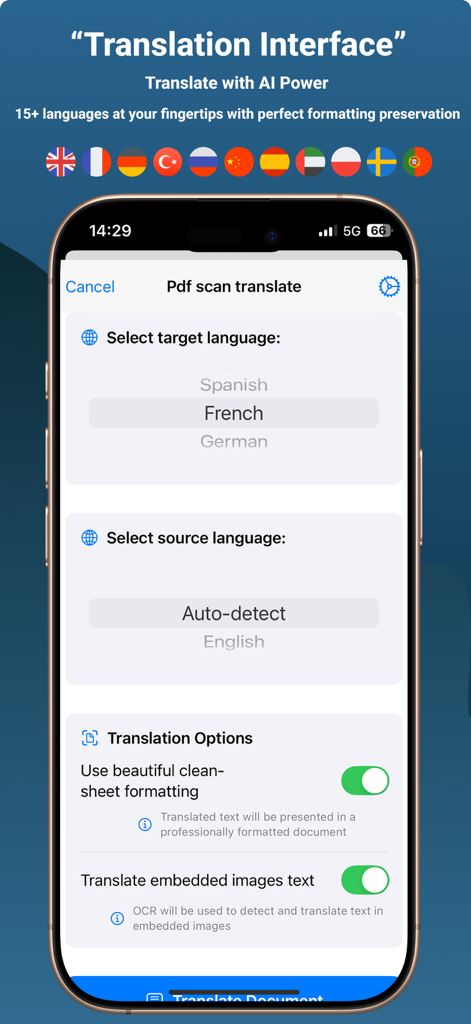 Pdf scan translateアプリの翻訳インターフェース。言語選択とドキュメントフォーマットオプションを表示しています。