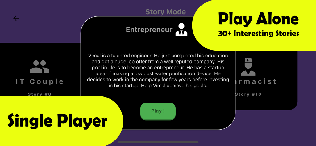 Rat Race 2 - Investing Game - Interfaz del juego Rat Race 2 que muestra el modo historia para un jugador con el perfil de un personaje emprendedor