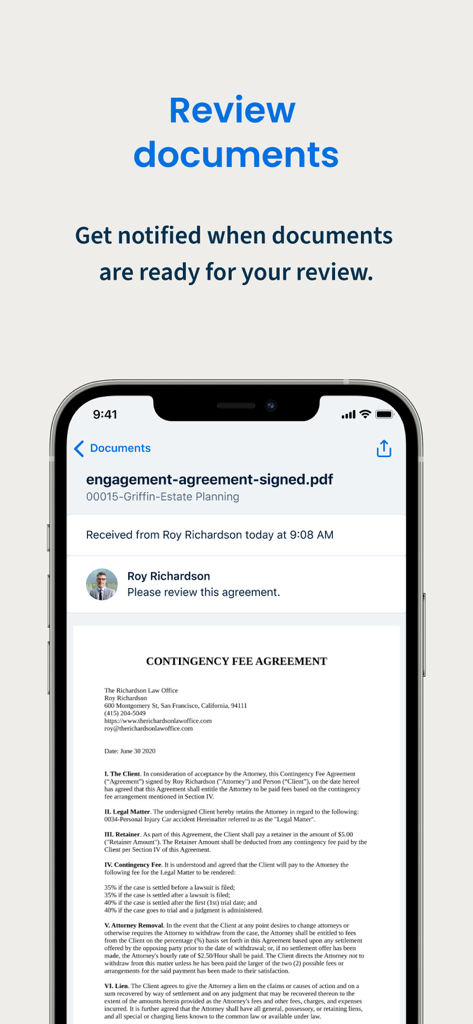 Clio for Clients - A legal document displayed for review within the Clio for Clients app interface