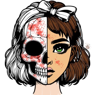 realistic girl with half skull mask