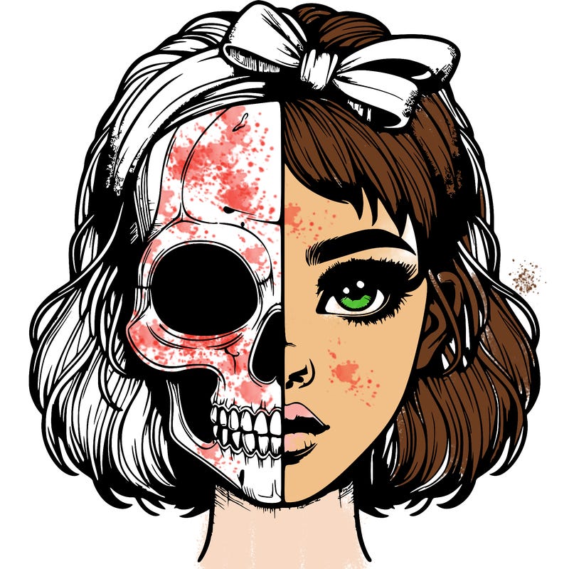 realistic girl with half skull mask