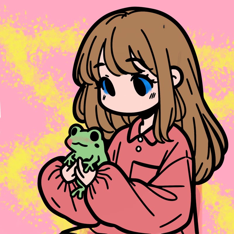 girl with long hair and a oversized shirt. and she is holding a frog