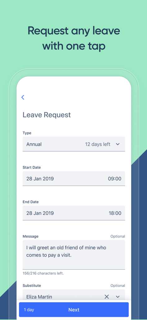 Mobile interface of Kolay HR app showing a leave request form with date selection and leave type