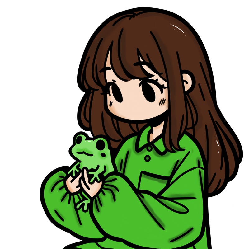 girl with long hair and a oversized shirt. and she is holding a frog