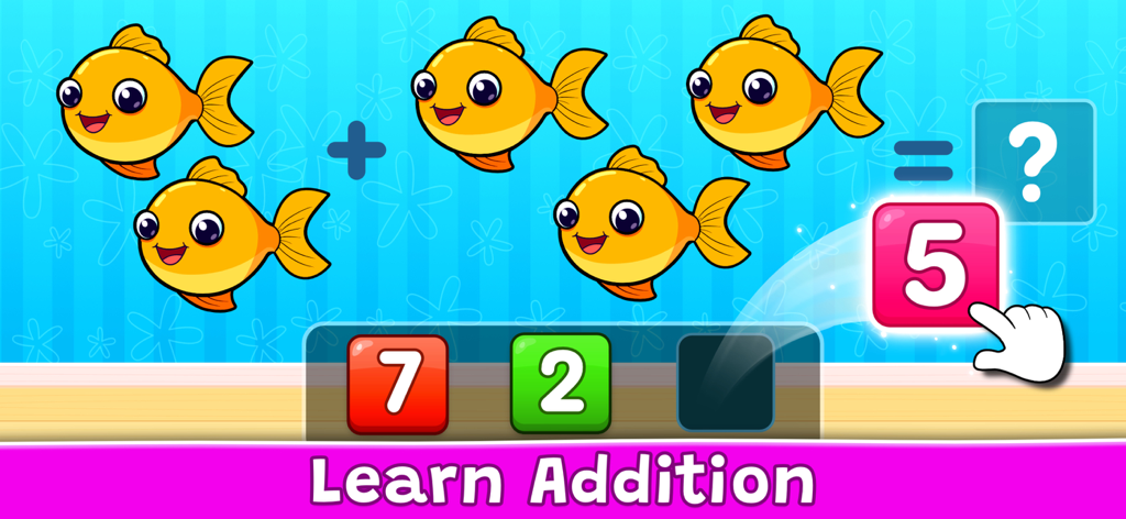A math game for children showing an addition problem with five orange fish