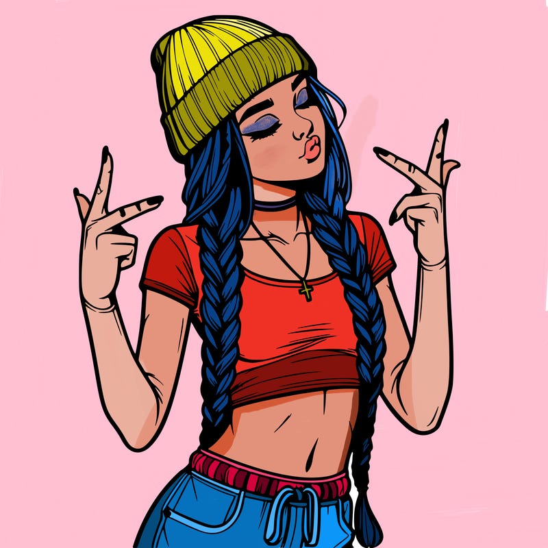 realistic teenage girl with braids and a beanie and crop top doing 🫶🏼